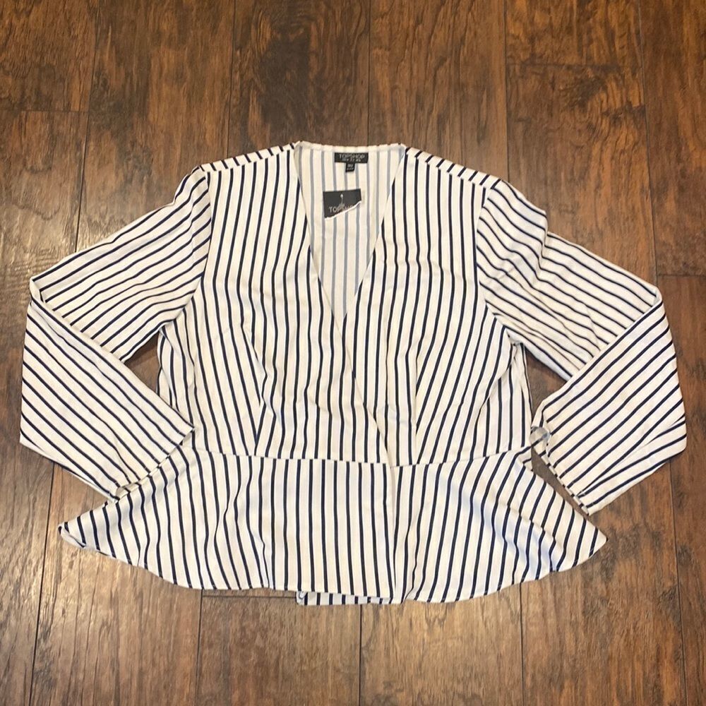 Topshop white with navy striped light ruffle Blazer jacket size 12 NWT